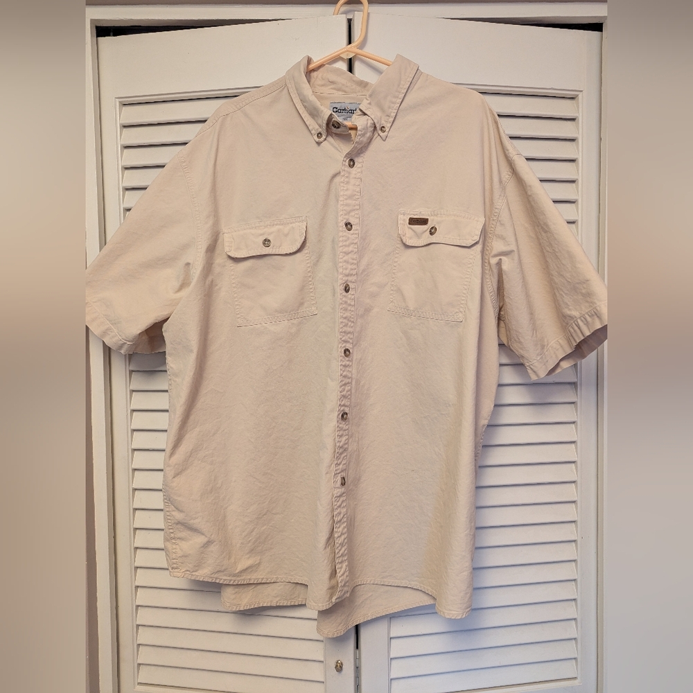 Vintage Carhartt Shirt Mens 3XL Cream Canvas Twill Utility Work wear Button Y2K